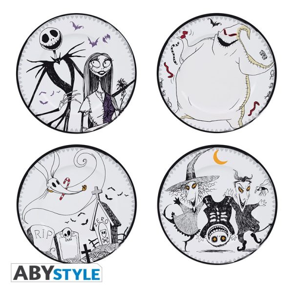 Set Pack Juego de 4 Platos de Porcelana - Jack Skellington & Sally de Pesadilla antes de Navidad